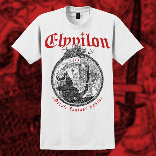 White t-shirt with 'Elywilon' Heroic Fantasy Synth design. The design depicts a black and white knight dueling and a Red Elyvilion logo arched over top. On a red textured background.