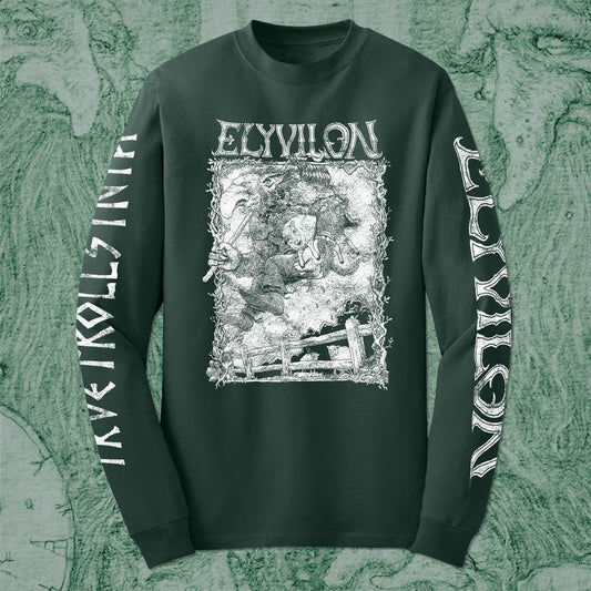 Elyvilon "True Troll Synth" Long Sleeve T-Shirt in forest green. The front has a distressed image of a troll carrying a sheep across a fence, printed in white. The left sleeve reads "Elyvilon" The right sleeve reads "True troll synth". Set against a green backdrop.