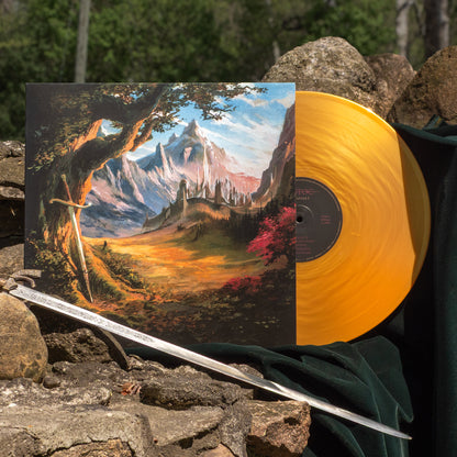 Vinyl record of Estoc's Chapter I Gold  vinyl. The album artwork depicts a colorful mountain landscape. The record rests against a stone wall.