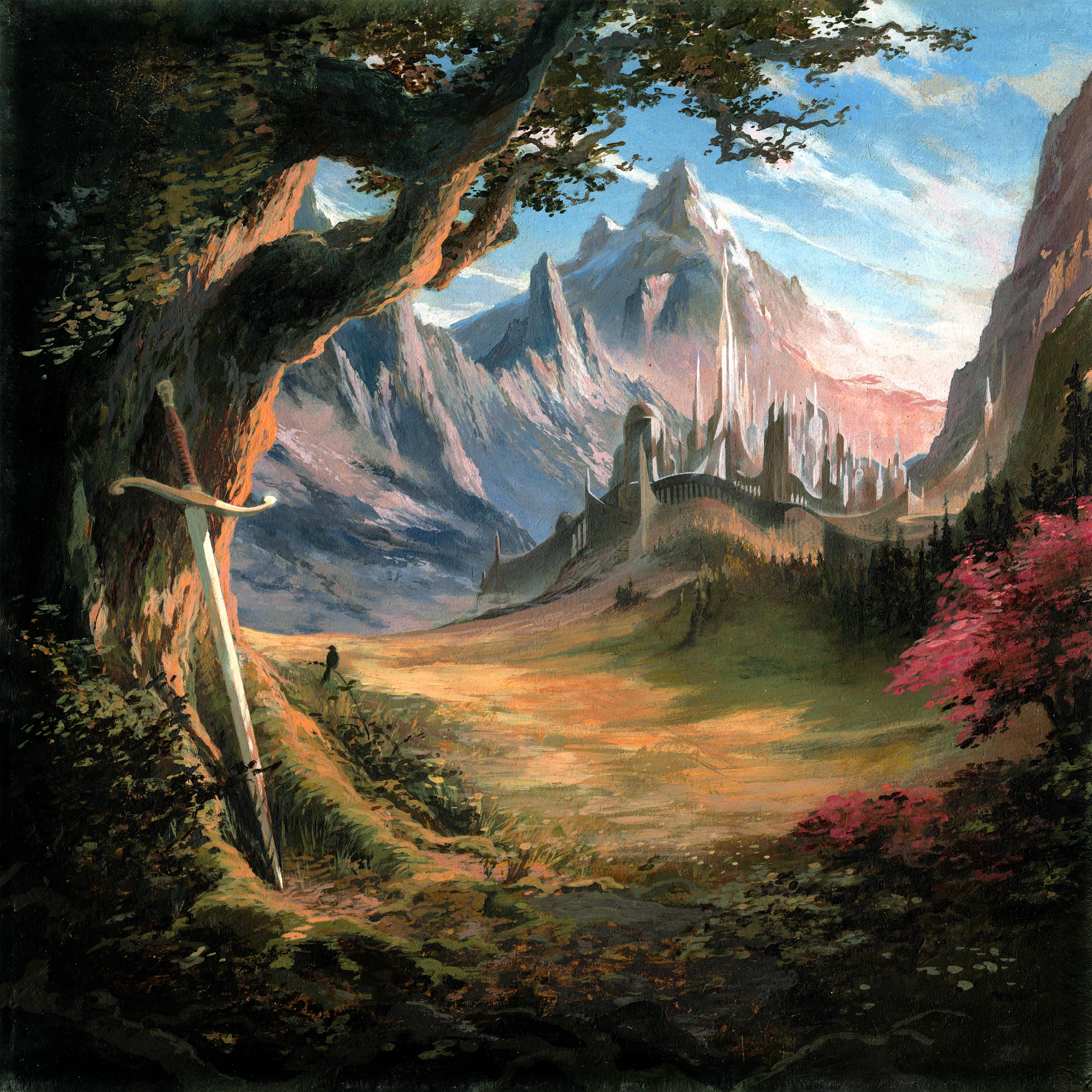Fantasy landscape with a sword embedded in a stone, mountains, and a castle. From the Estoc Chapter I album cover