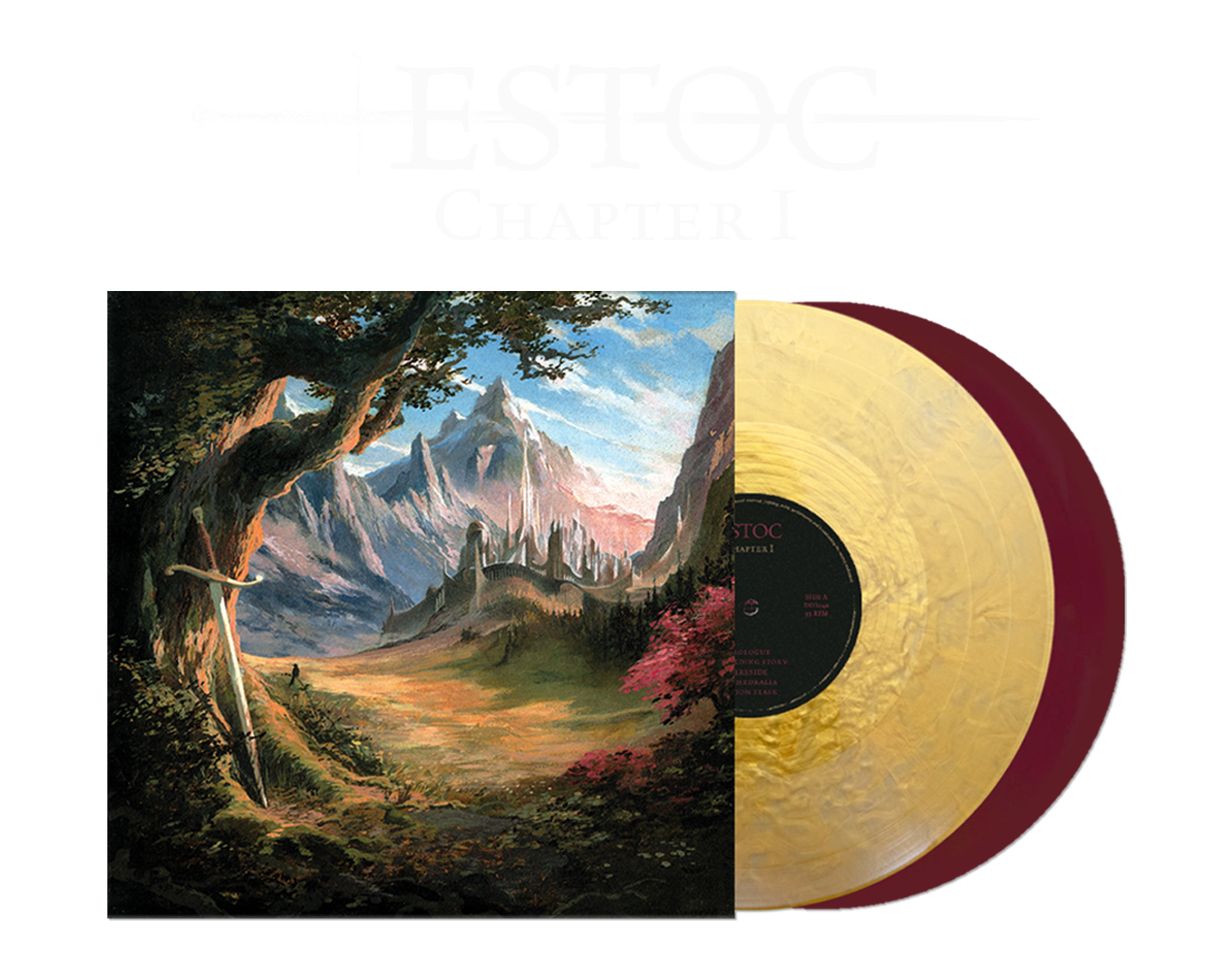 Vinyl mockup for Estoc Chapter I, displaying both gold and burgundy color variants with logo above the image in white.