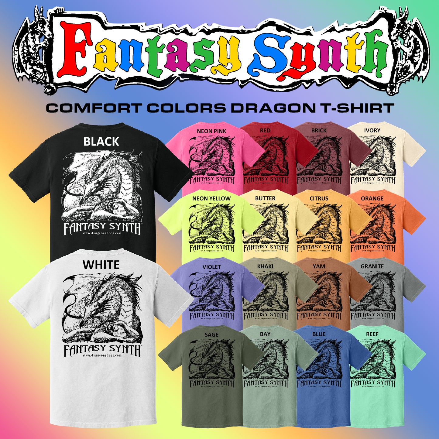 A selection of Comfort Colors heavyweight cotton t-shirts in various colors, featuring a screen printed dragon design and 'Fantasy Synth' text.