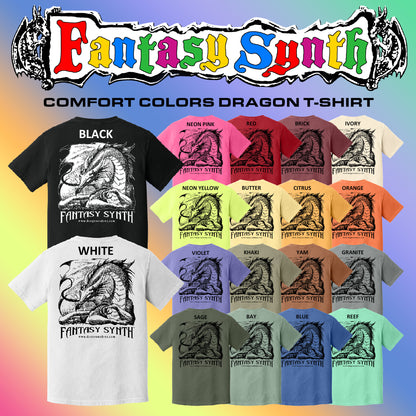 A selection of Comfort Colors heavyweight cotton t-shirts in various colors, featuring a screen printed dragon design and 'Fantasy Synth' text.