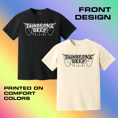 A black and white tshirt featuring the Dungeons Deep Records logo, displaying the Front Design of the T-Shirt and stating that it is printed on Comfort Colors.