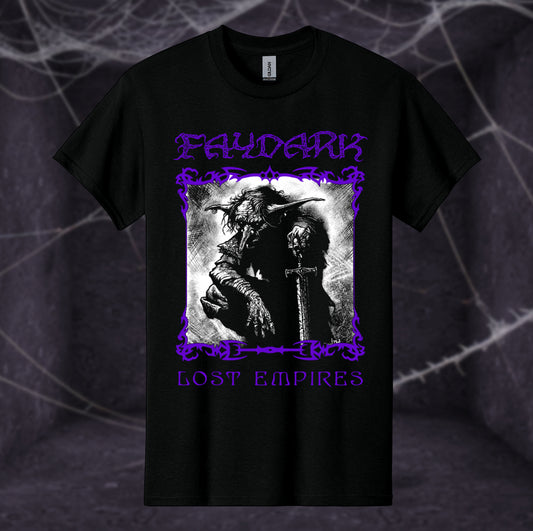 Black T-shirt with  Lost Empires album cover design printed in white and purple ink on a cobweb black backdrop.