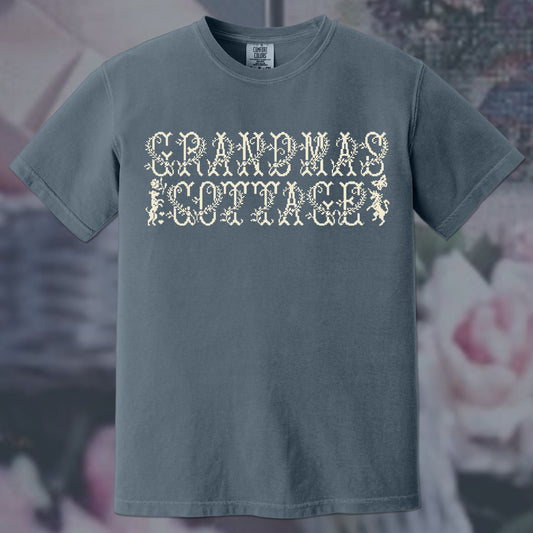 Denim Blue t-shirt with 'Grandma's Cottage' text on a floral background