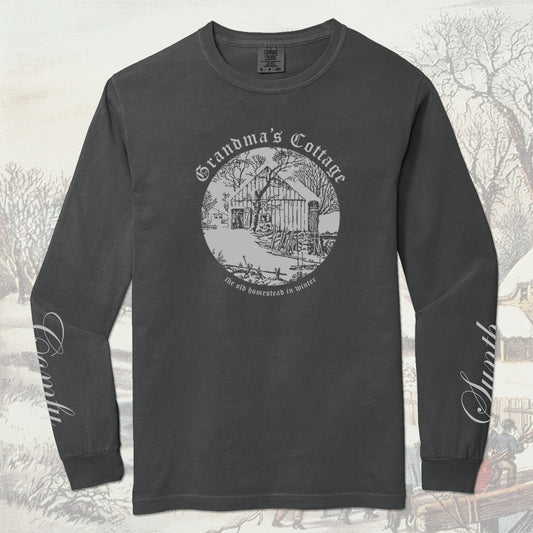 Dark gray long-sleeve shirt with a winter cabin scene graphic design. The left sleeve reads Synth, the right sleeve reads Comfy - both in cursive script. On a winter-themed background.