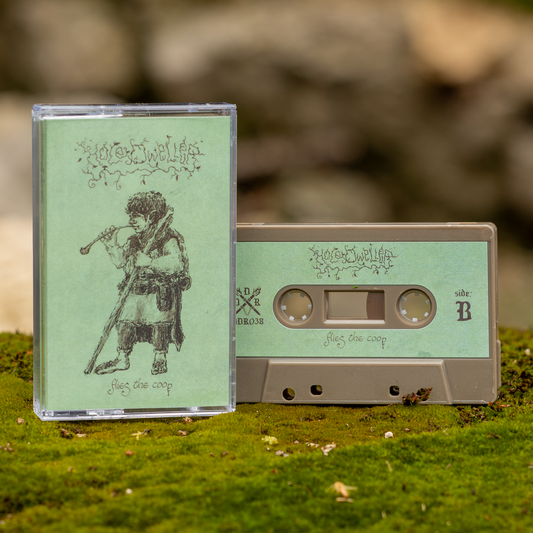 Cassette tape with green cover featuring a drawing of a hobbit smoking a pipe, placed on grass with a blurred natural background.
