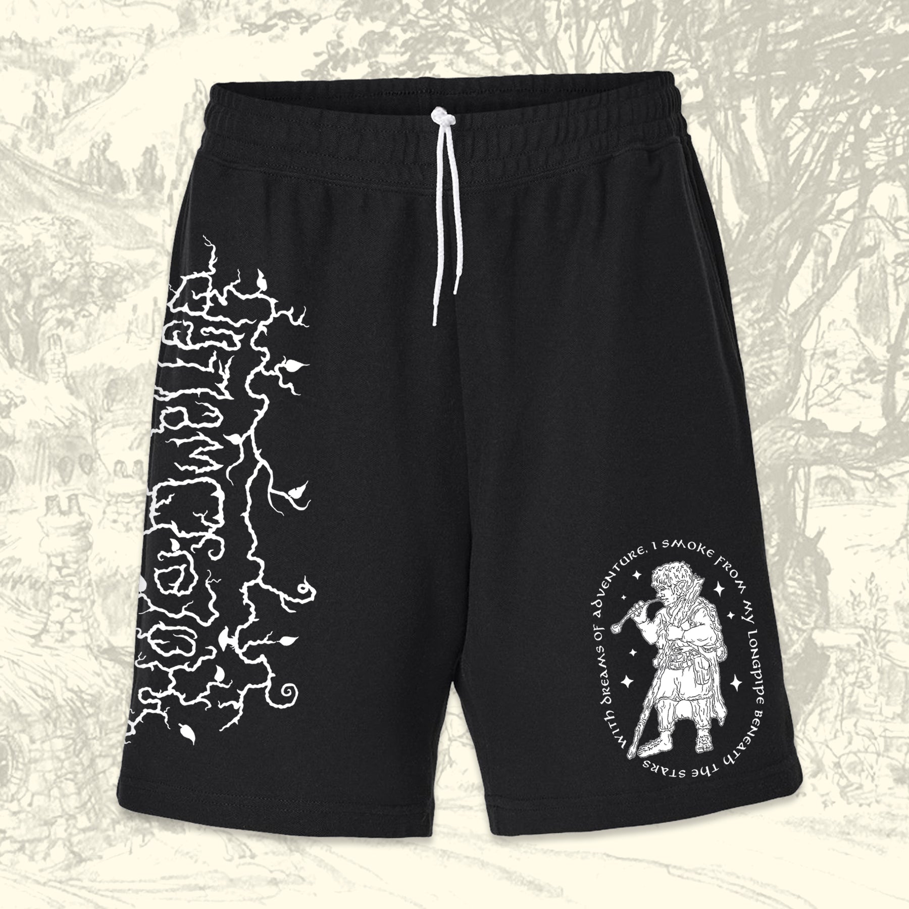 A paid of black unisex cotton shorts. The shorts have an elastic waistband and white drawstring. On the left leg is a screen-printed image of a Hobbit encircled by the words "With Dreams of Adventure I Smoke From my Longpipe Beneath the Stars". On the right leg is the original Hole Dweller vertical down the length of the pant.