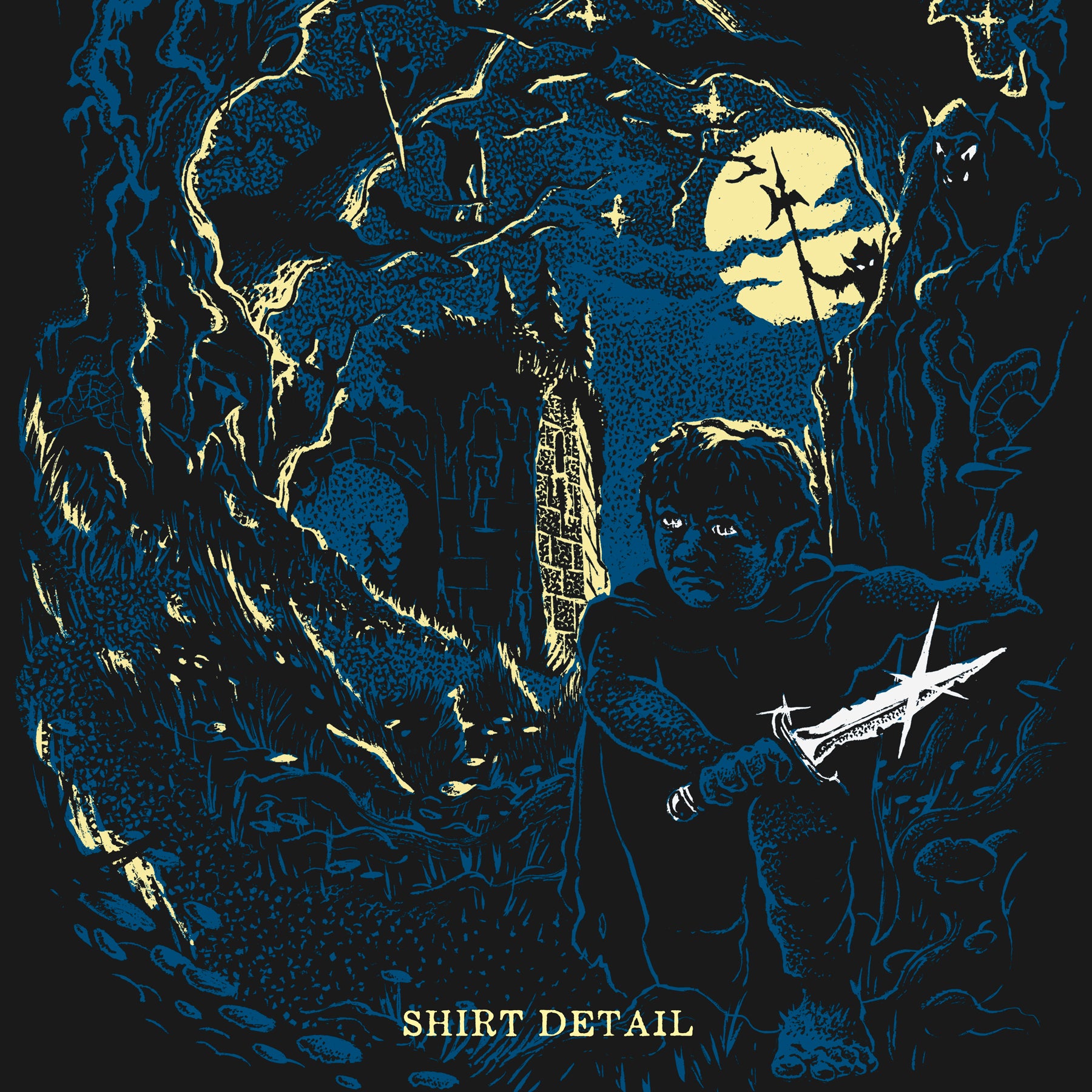 A blue, white and cream graphic of a Hobbit under the moonlight, holding a sword among goblin. Against a black backdrop.