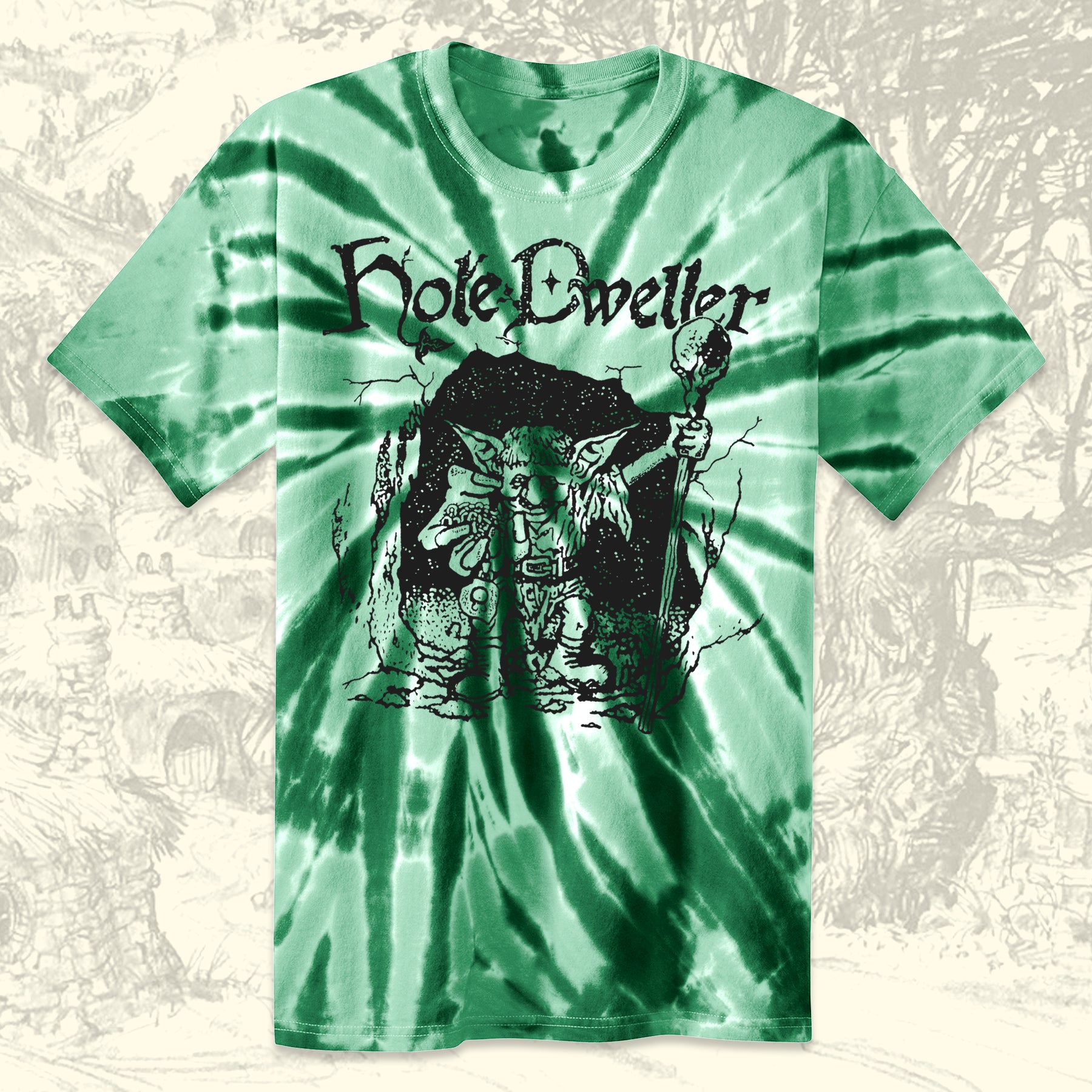 A forest green tie dye unisex t-shirt. The t-shirt is made of cotton and features light and dark green classic tie dye spiral. An illustration of a cave dwelling Goblin with and outreached hand adorns the front of the t-shirt in black ink, with the Hole Dweller logo arched overhead.