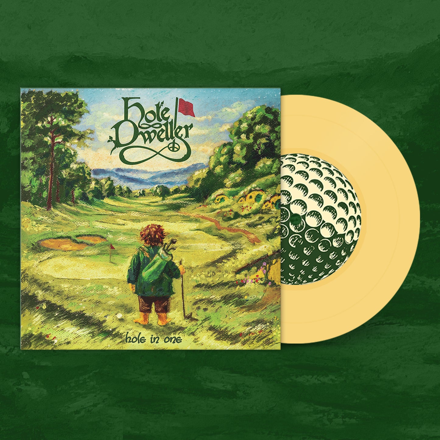 Vinyl 7" yellow Hole Dweller record with a colorful cover featuring a golf course and 'Hole Dweller' branding on a green background.