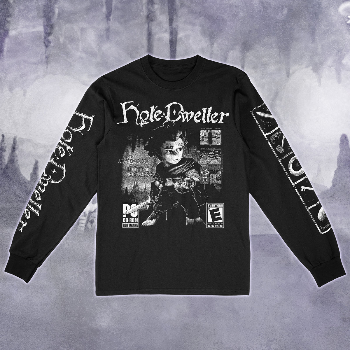 A black long-sleeve graphic t-shirt featuring a 'Hole Dweller' theme, with a large black-and-white character print on the front, gothic text on the chest and sleeves, and a distressed gray background.