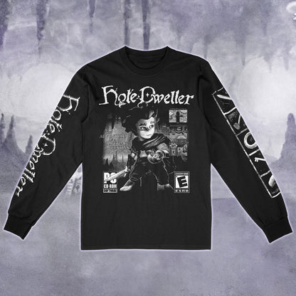 A black long-sleeve graphic t-shirt featuring a 'Hole Dweller' theme, with a large black-and-white character print on the front, gothic text on the chest and sleeves, and a distressed gray background.