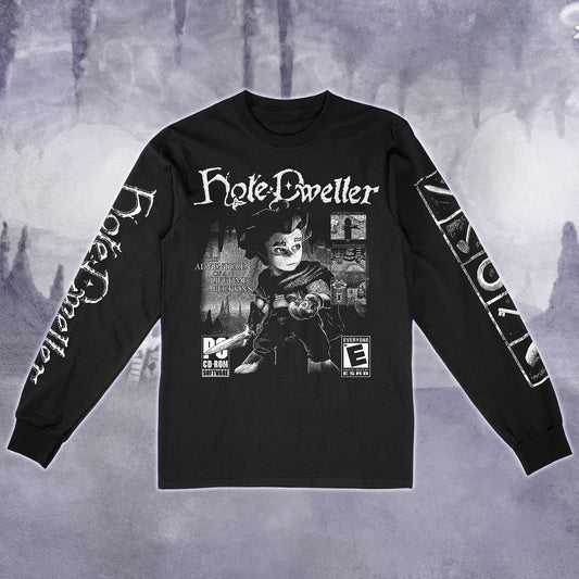 A black long-sleeve graphic t-shirt featuring a 'Hole Dweller' theme, with a large black-and-white character print on the front, gothic text on the chest and sleeves, and a distressed gray background.