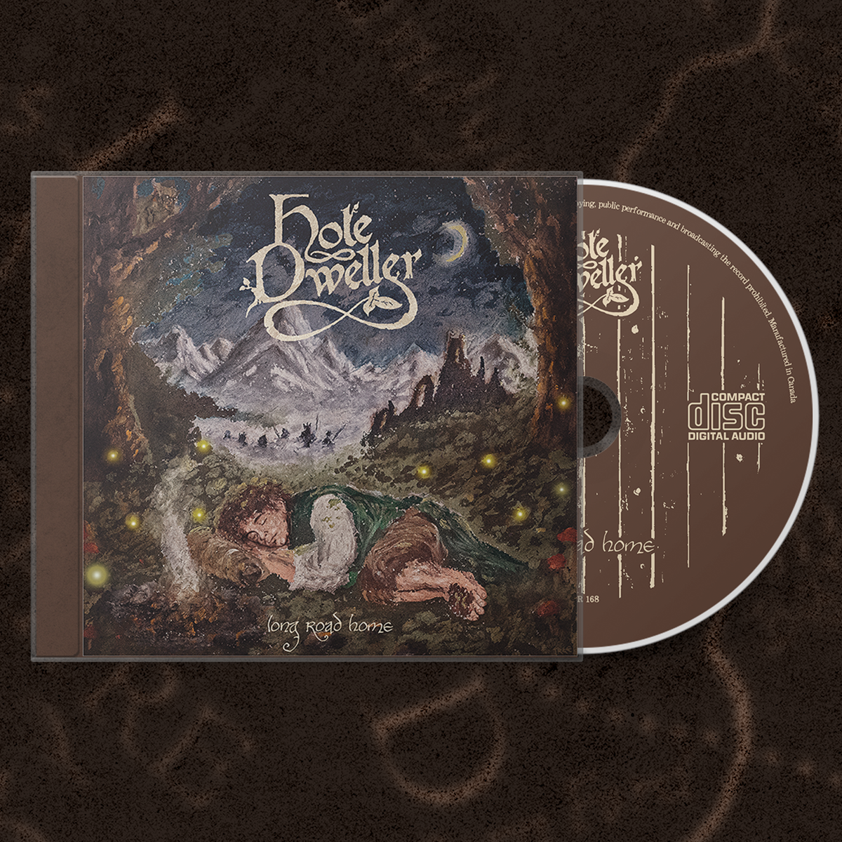 A physical music CD and jewel case for the band Hole Dweller's album 'Long Road Home', displayed on a dark textured background.