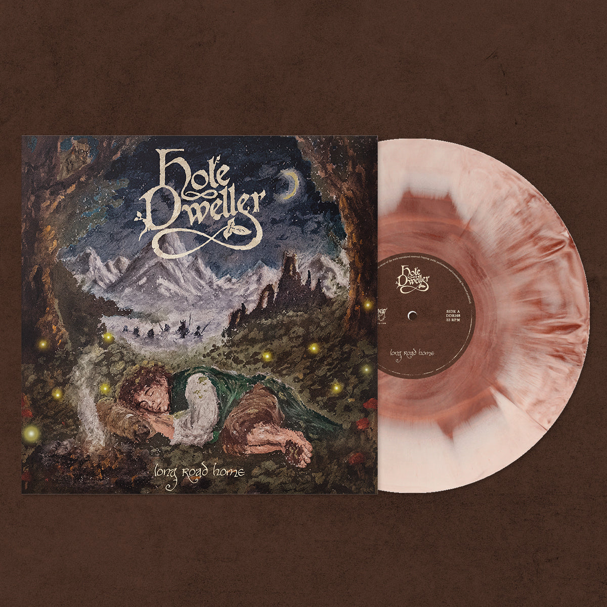 Hole Dweller - Long Road Home vinyl record album shown with the illustrated album cover sleeve and a brown-and-white record partially pulled out, set against a dark brown textured background.