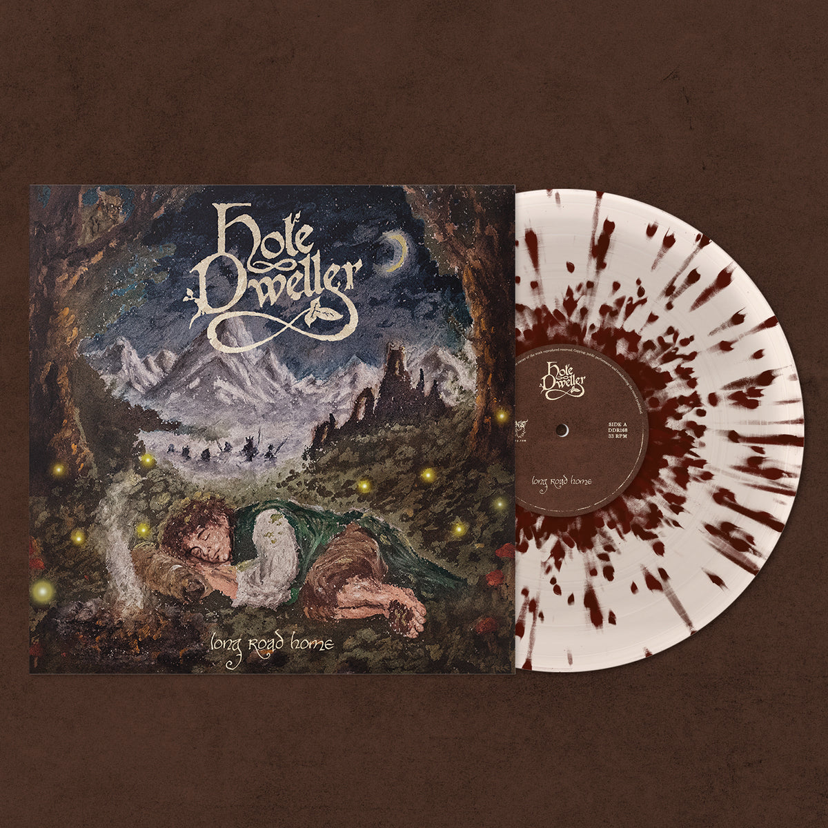 Hole Dweller - Long Road Home vinyl record album with the illustrated album cover sleeve and a split-color vinyl record on a textured dark brown background.