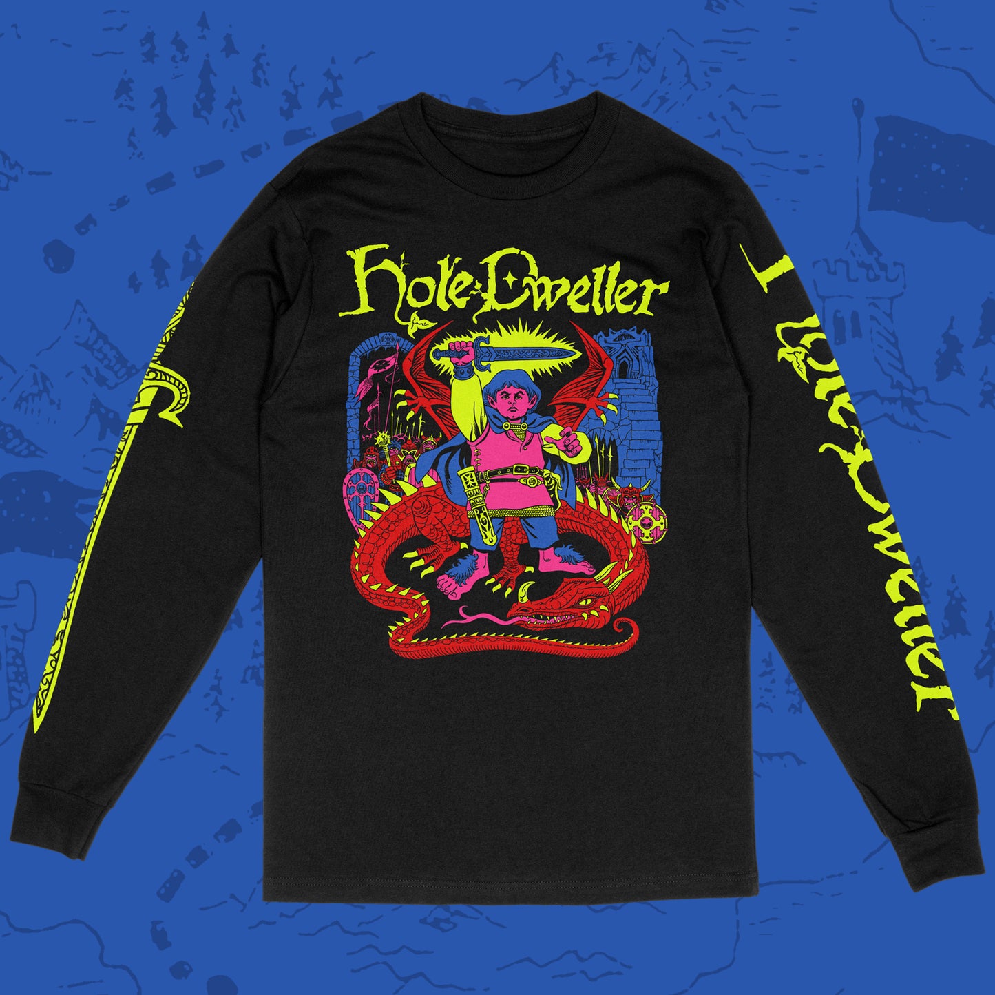 Black long-sleeve Gildan shirt with 'Hole Dweller' graphic design featuring a hobbit holding a sword to the sky. The right sleeve reads Hole Dweller vertically, the left sleeve features a sword. The image is printed in neon yellow, pink, red and blue. The left sleeve has the Hole Dweller logo printed vertically, the right sleeve has a sword. The shirt is against a blue textured backdrop. 