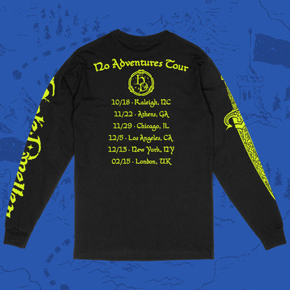Back of a black long-sleeve Gildan shirt with 'Hole Dweller' 2026 tour dates printed in neon yellow on a blue backdrop.