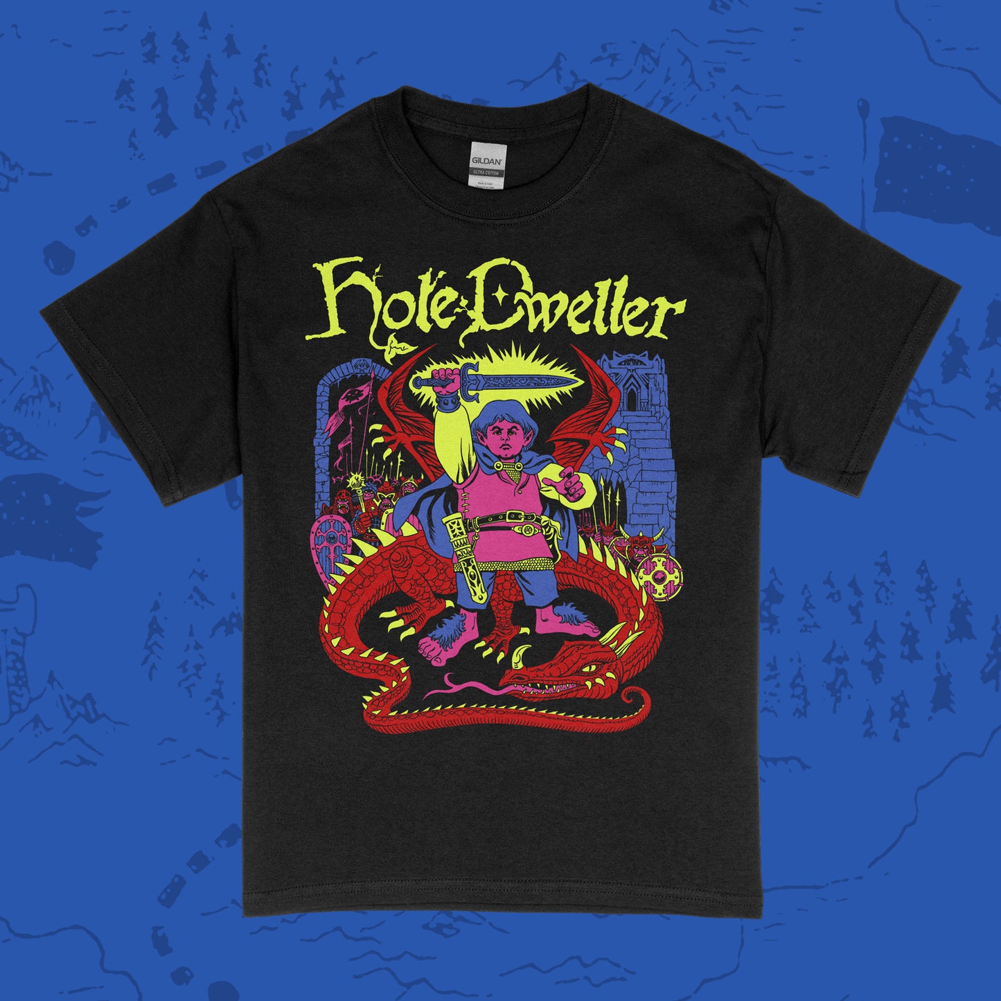 Black short-sleeve Gildan shirt with 'Hole Dweller' graphic design featuring a hobbit holding a sword to the sky. The right sleeve reads Hole Dweller vertically, the left sleeve features a sword. The image is printed in neon yellow, pink, red and blue. The shirt is against a blue textured backdrop. 