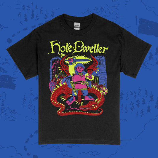 Black short-sleeve Gildan shirt with 'Hole Dweller' graphic design featuring a hobbit holding a sword to the sky. The right sleeve reads Hole Dweller vertically, the left sleeve features a sword. The image is printed in neon yellow, pink, red and blue. The shirt is against a blue textured backdrop. 