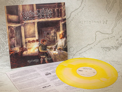 Vinyl record with yellow disc and cover featuring a scene of a hobbit in a bar.