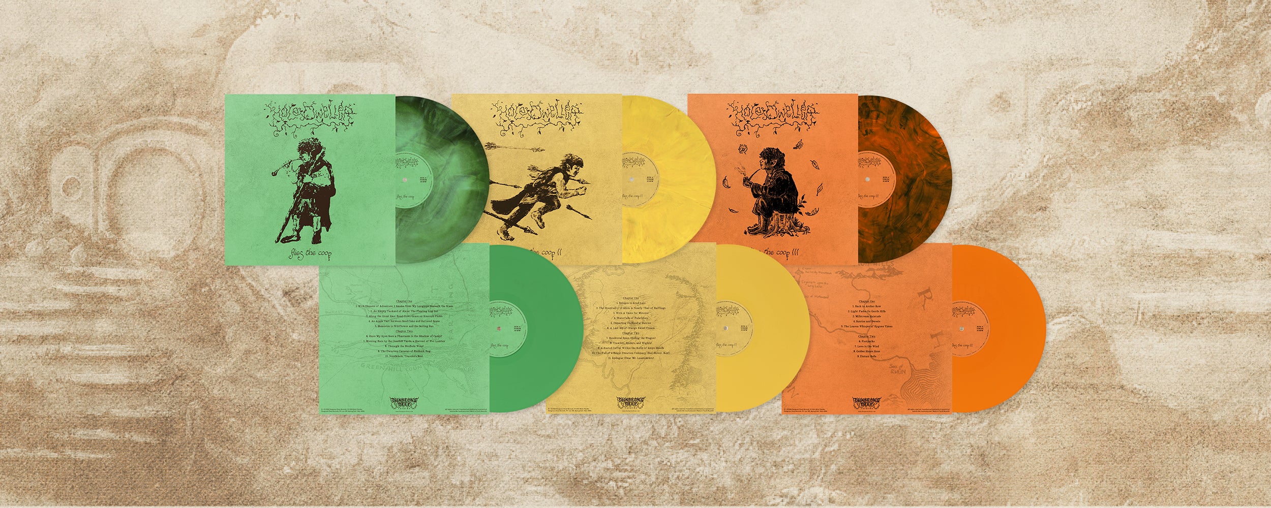 Three vinyl records from Hole Dweller's flies the coop Trilogy with different colored covers arranged in a row on a textured beige background.