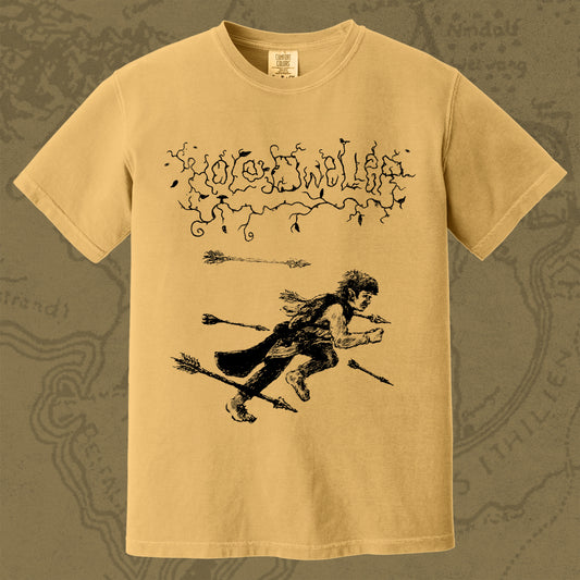 Hole Dweller "flies the coop II" T-Shirt printed in black ink on a dark mustard yellow shirt. The graphic shows the Hole Dweller logo, and a hobbit running from arrow fire.