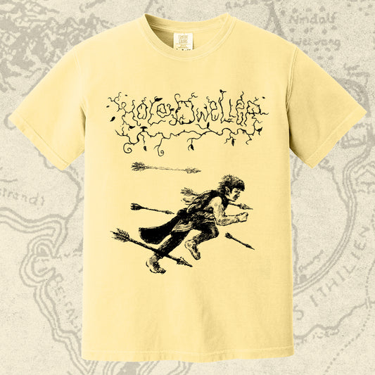 Hole Dweller "flies the coop II" T-Shirt printed in black ink on a light yellow shirt. The graphic shows the Hole Dweller logo, and a hobbit running from arrow fire.