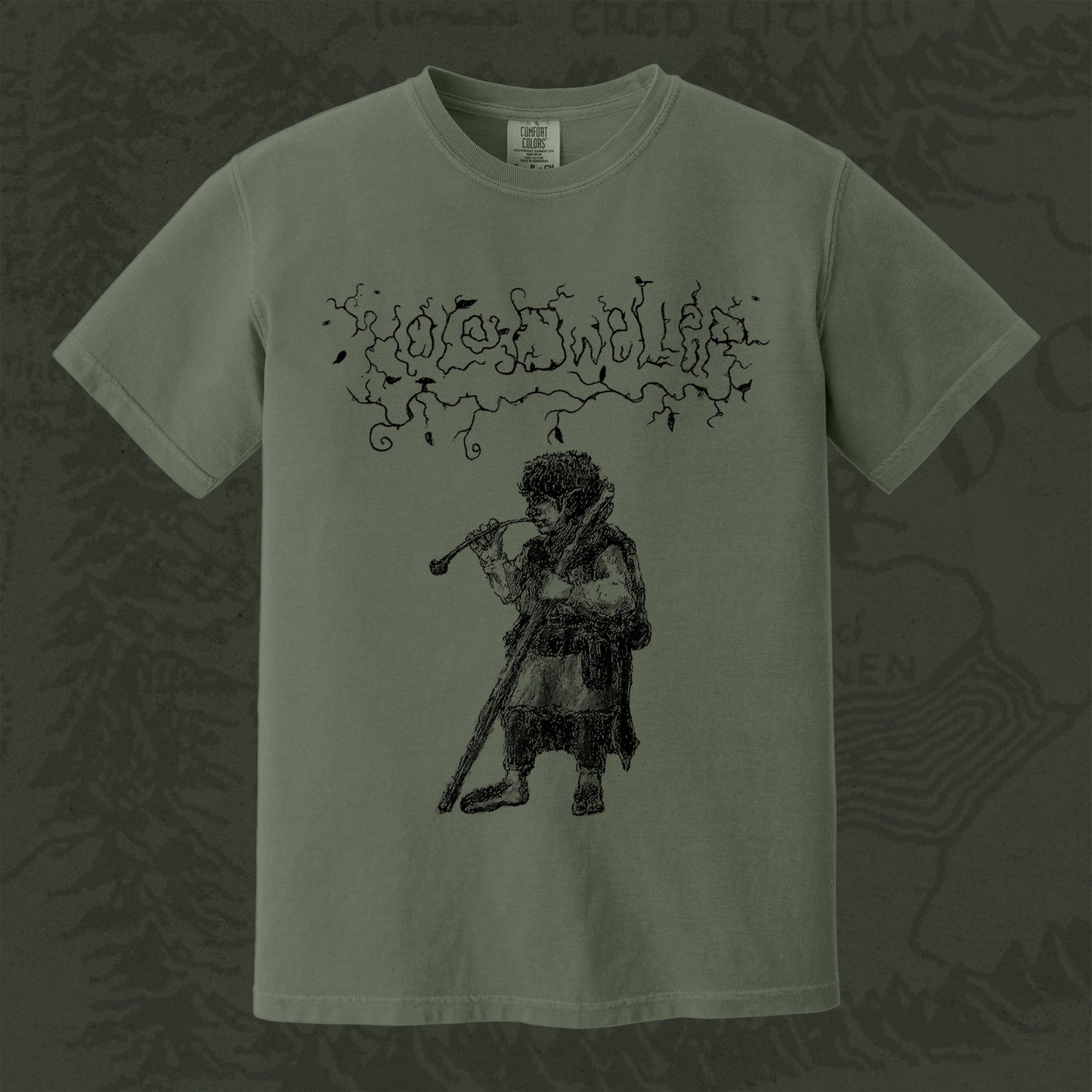 Hole Dweller "flies the coop I" T-Shirt printed in black ink on a dark moss green shirt. The graphic shows the Hole Dweller logo, and a hobbit smoking a pipe.