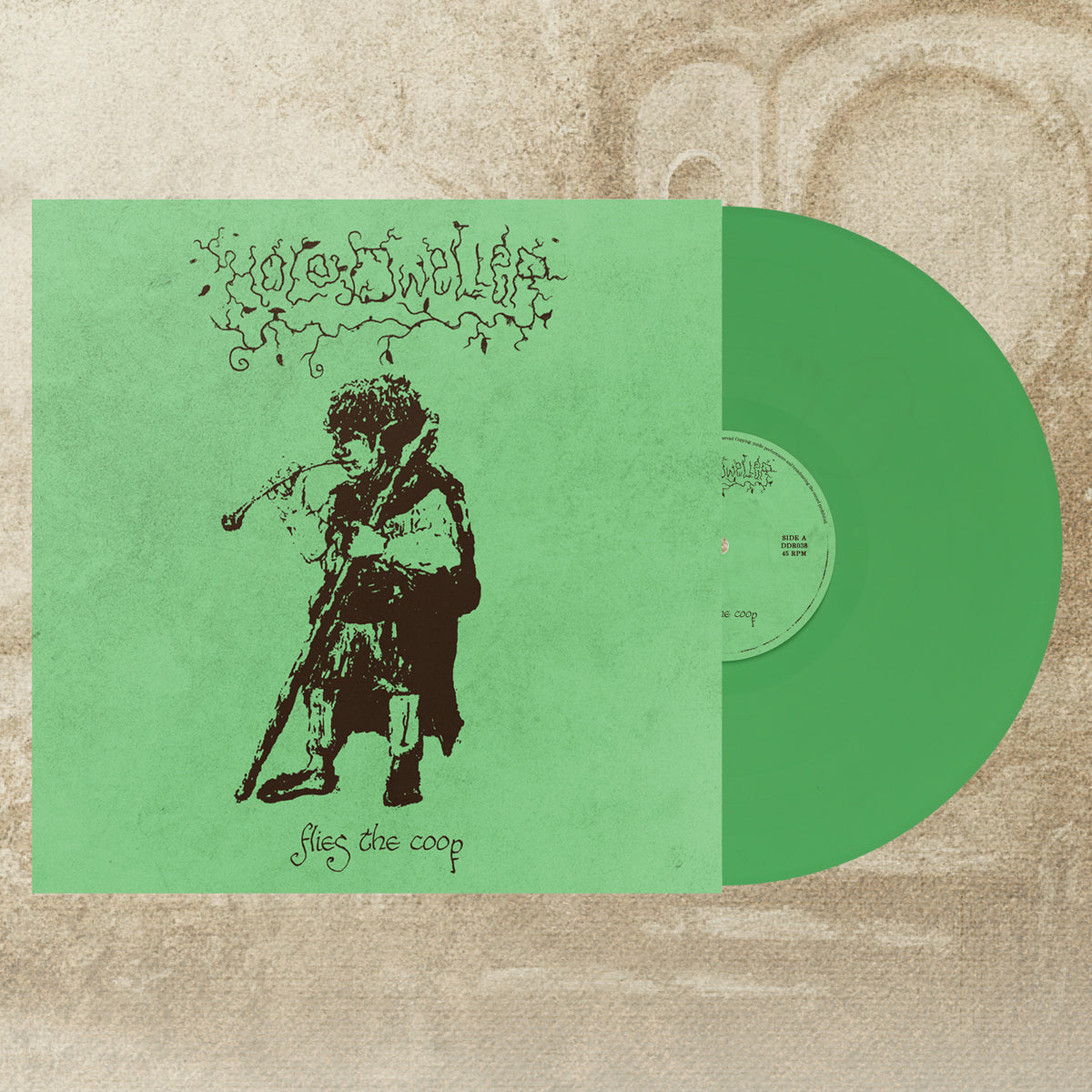 Vinyl record of Hole Dweller flies the coop with green cover featuring a brown illustration of a Hobbit smoking a longpipe on a textured beige background. The vinyl is a bright green standard edition.