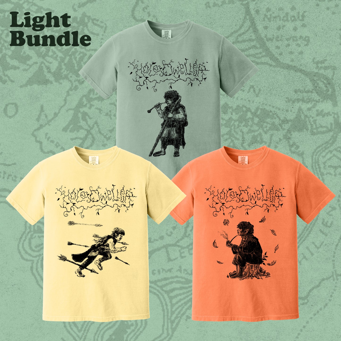 Hole Dweller flies the coop T-Shirt Light Bundle showing a light yellow, light green and light orange tshirt on a light green backdrop.