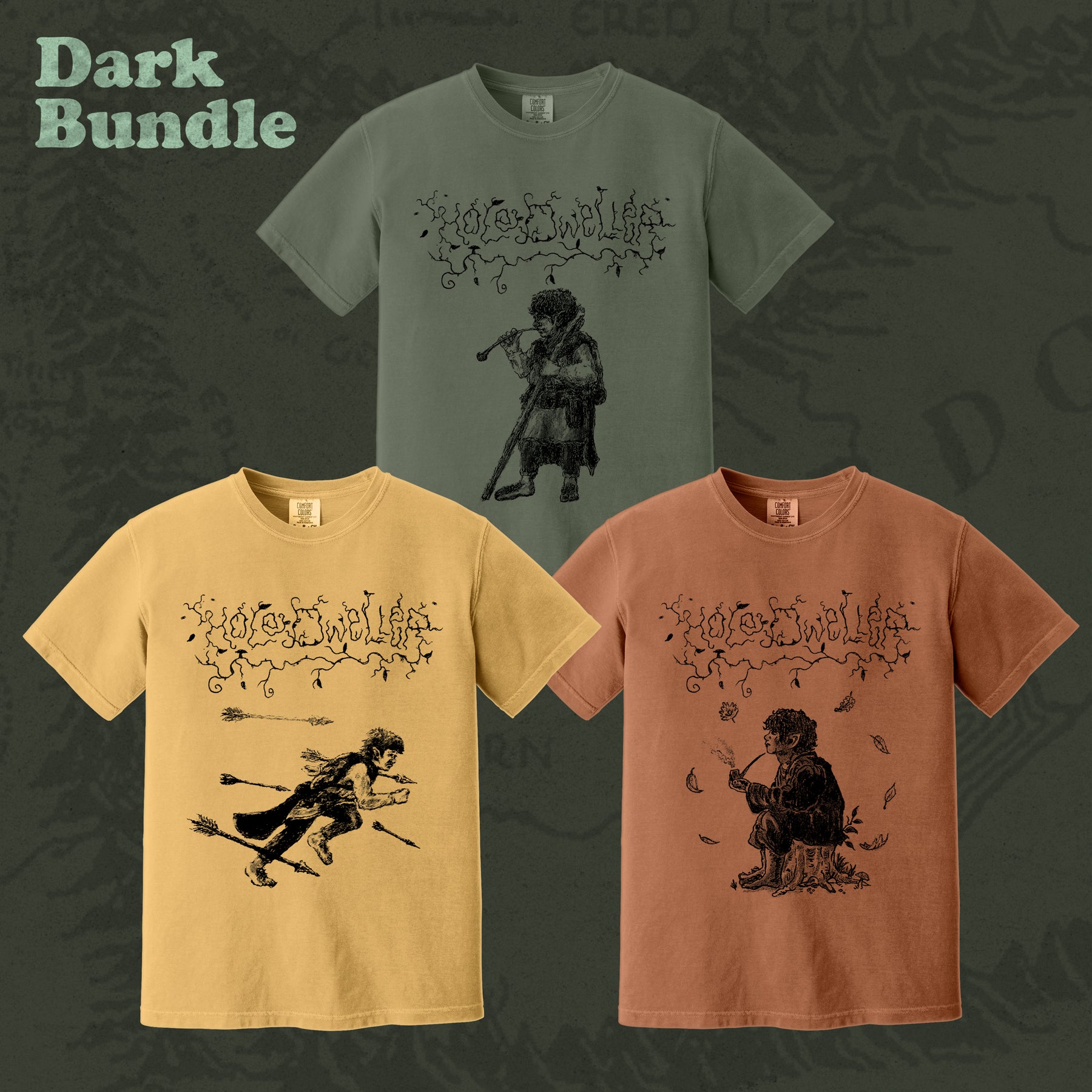 Hole Dweller flies the coop T-Shirt Dark Bundle showing a dark yellow, dark green and dark orange tshirt on a dark green backdrop.
