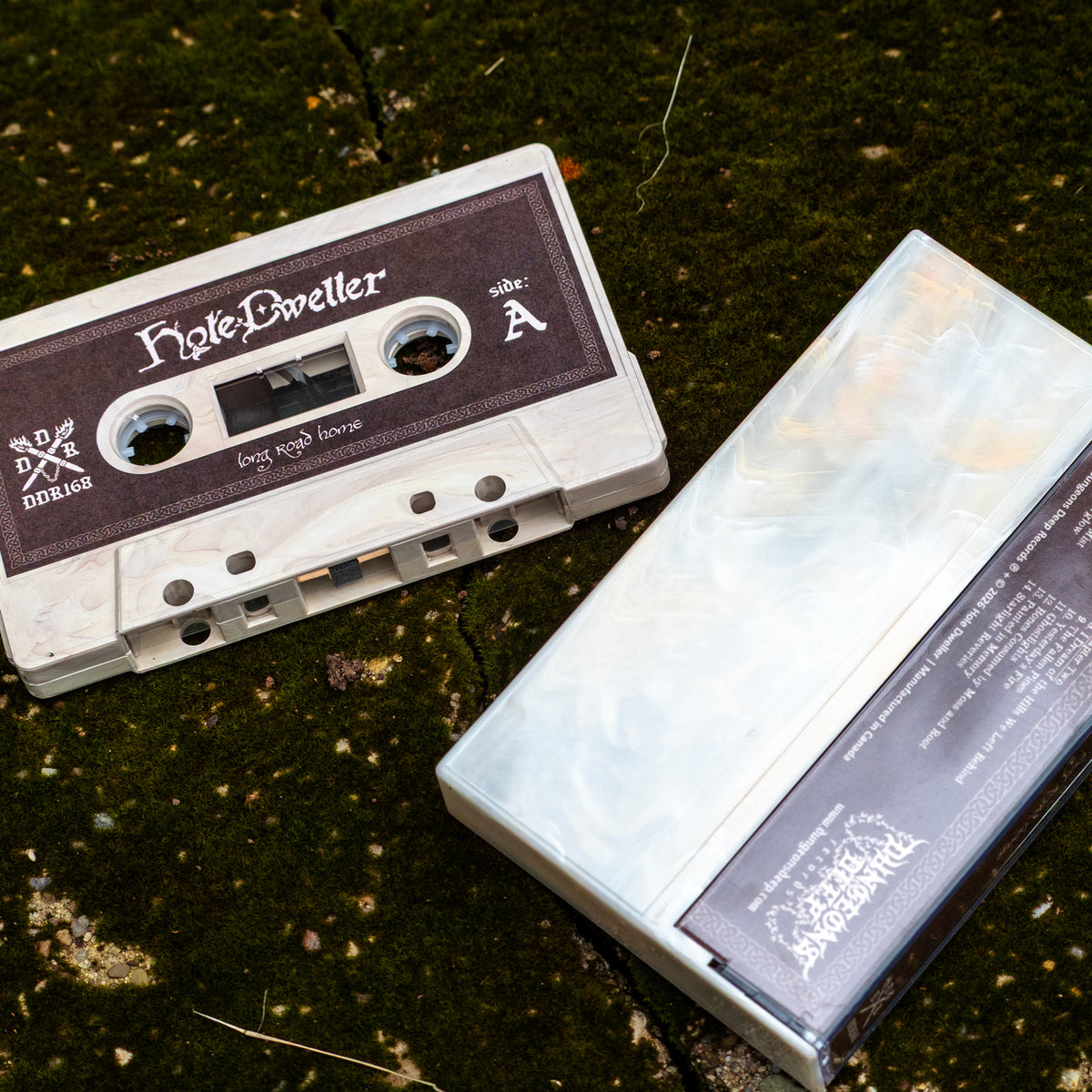 A vintage-style cassette tape and its matching outer case placed on dark mossy ground. The cassette label reads 'Hole-Dweller' with 'Side A' and 'Long Road Home' visible, and the case has a translucent marbled white cover with a dark label.