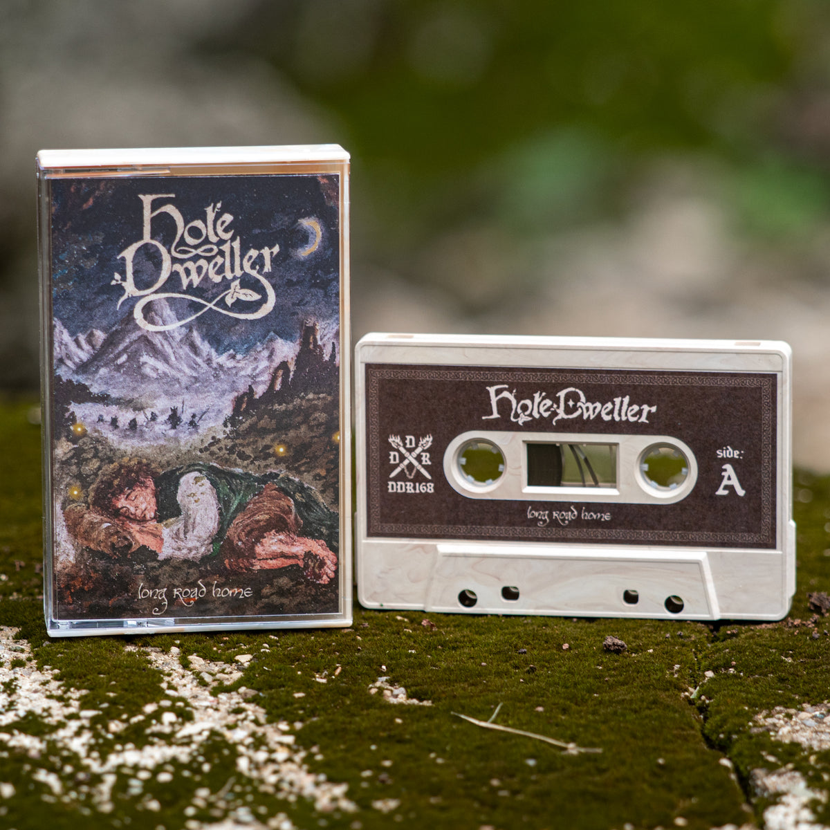 A cassette tape and its matching jewel case for the band Hole Dweller, titled 'Long Road Home', displayed on a mossy log with a blurred natural forest background.