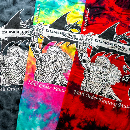 A black, red and rainbow tie dye set of shirts featuring 'Mail Order Fantasy Music' text and illustrations screen printed on the front. The design depicts a man holding a sword with the words "Dungeons Deep Records" inscribed next to a fantasy dragon.