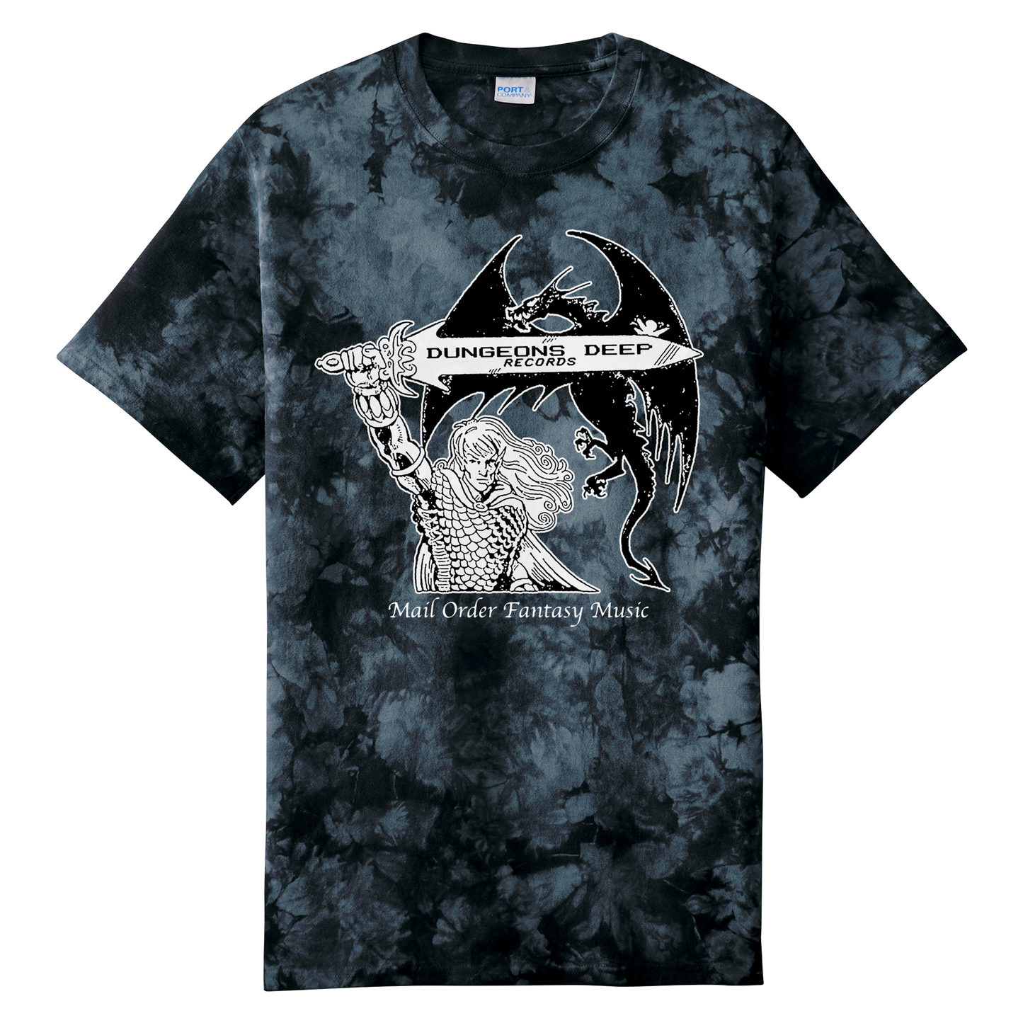 A black tie dye shirt featuring 'Mail Order Fantasy Music' text and illustrations screen printed on the front. The design depicts a man holding a sword with the words "Dungeons Deep Records" inscribed next to a fantasy dragon.