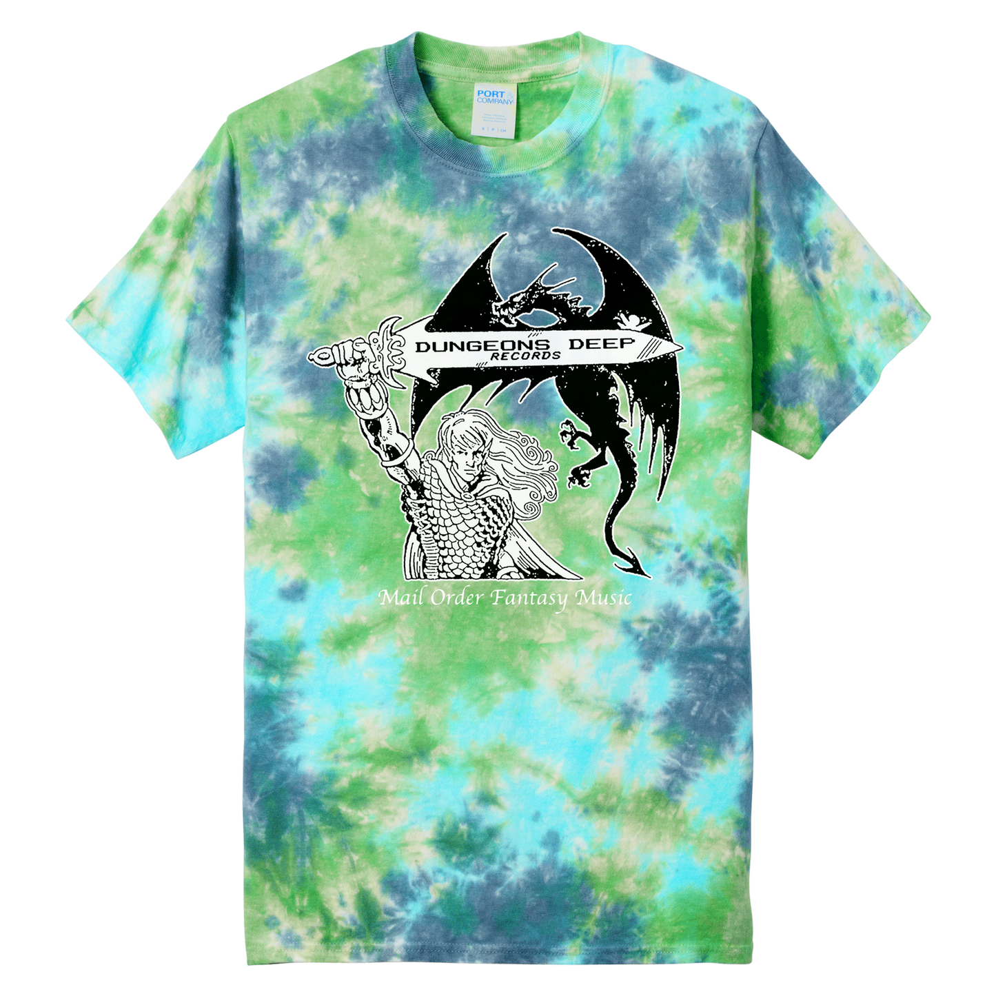 An earthy tie dye shirt featuring 'Mail Order Fantasy Music' text and illustrations screen printed on the front. The design depicts a man holding a sword with the words "Dungeons Deep Records" inscribed next to a fantasy dragon.