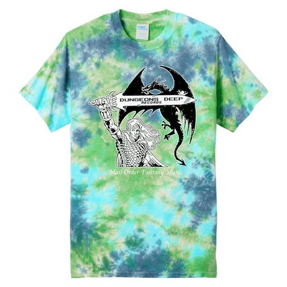 An earthy tie dye shirt featuring 'Mail Order Fantasy Music' text and illustrations screen printed on the front. The design depicts a man holding a sword with the words "Dungeons Deep Records" inscribed next to a fantasy dragon.