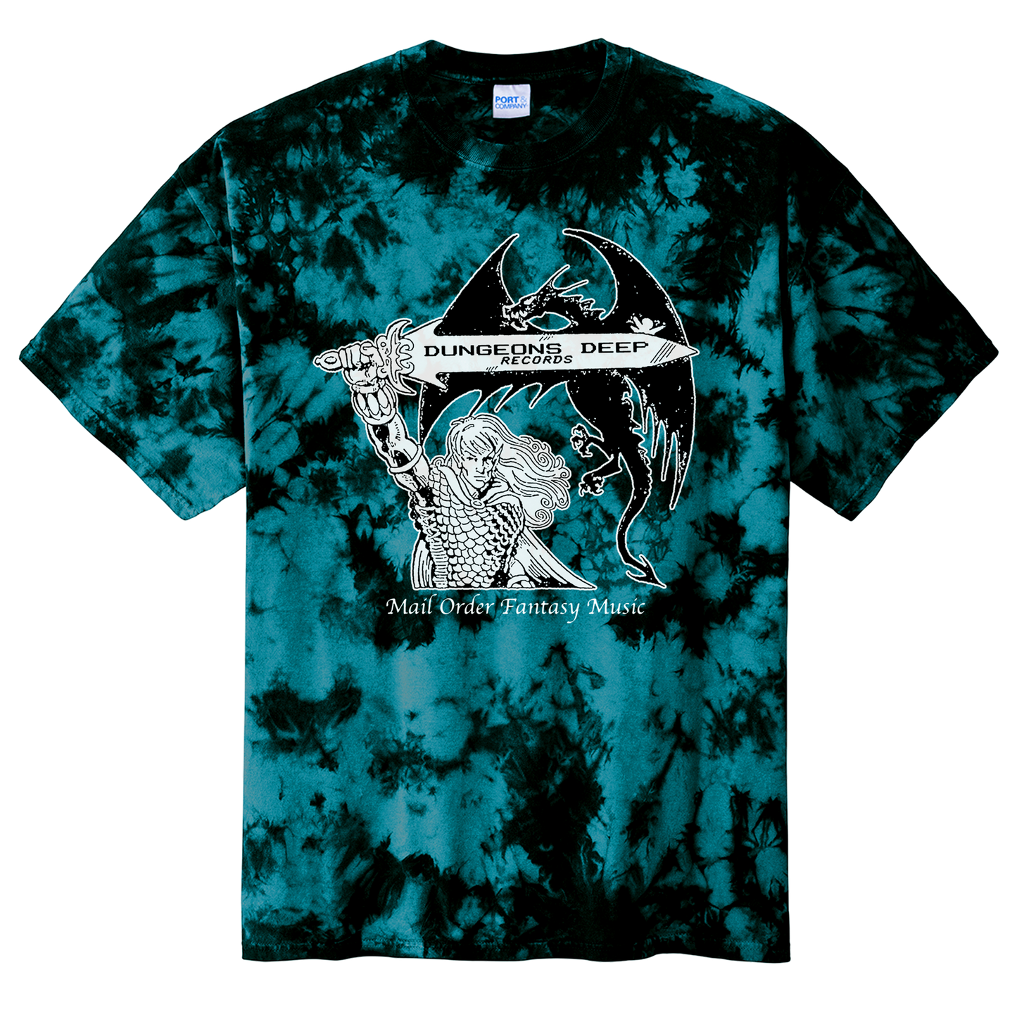 A teal tie dye shirt featuring 'Mail Order Fantasy Music' text and illustrations screen printed on the front. The design depicts a man holding a sword with the words "Dungeons Deep Records" inscribed next to a fantasy dragon.