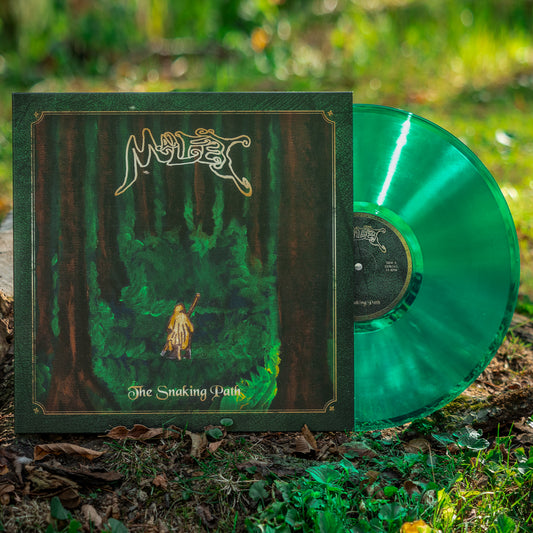 An emerald green vinyl of Malfet's the Snaking Path sits on a grassy gnoll.