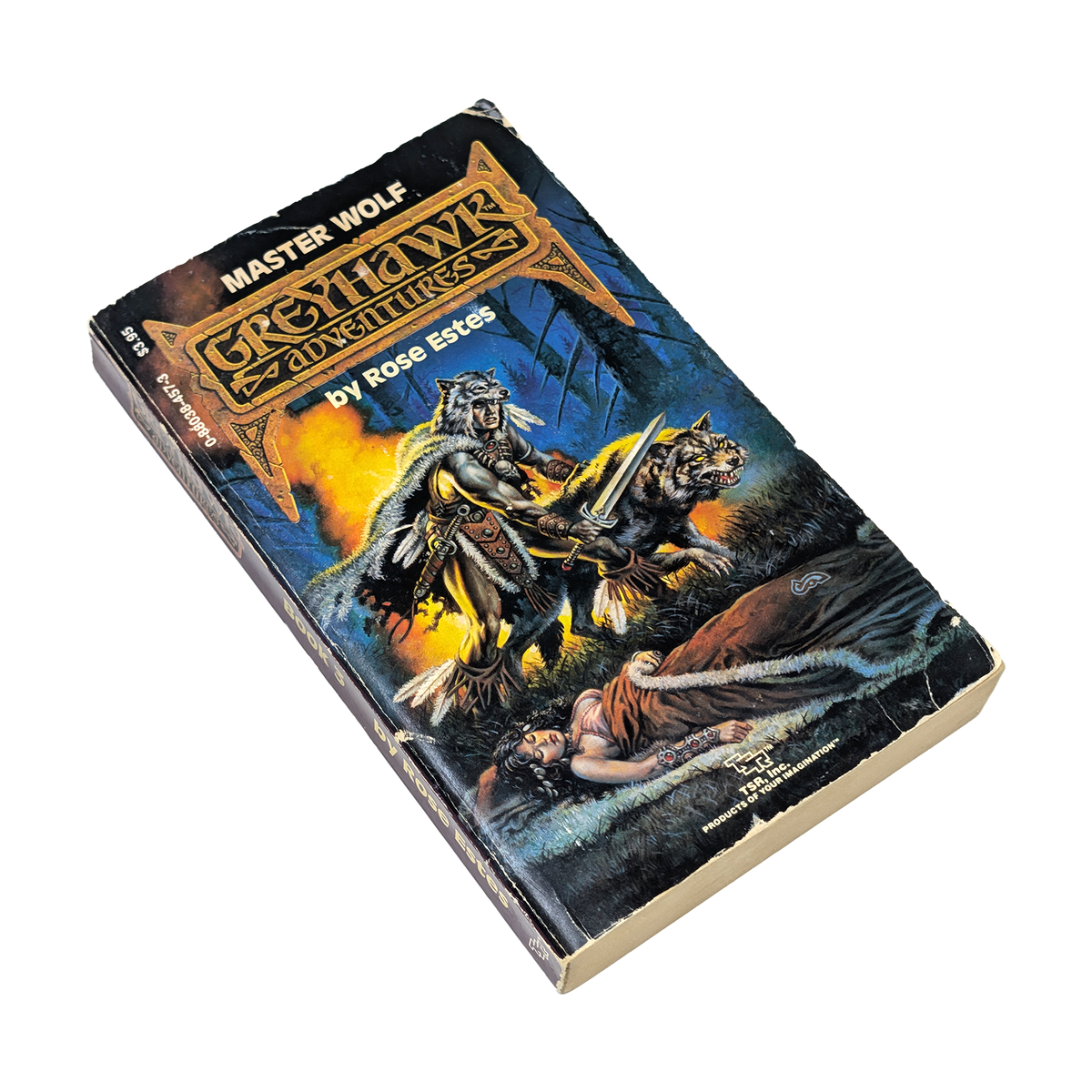 A vintage paperback book titled 'Master Wolf: Ghoulish Adventures' by Rose Estes, featuring a detailed fantasy cover illustration of a wolf warrior fighting a tiger and saving a woman, shown on a plain white background.
