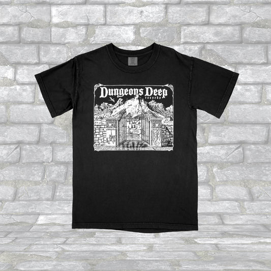 Black T-shirt with 'Dungeons Deep Records' text and a graphic of a a mystical landscape on the front.