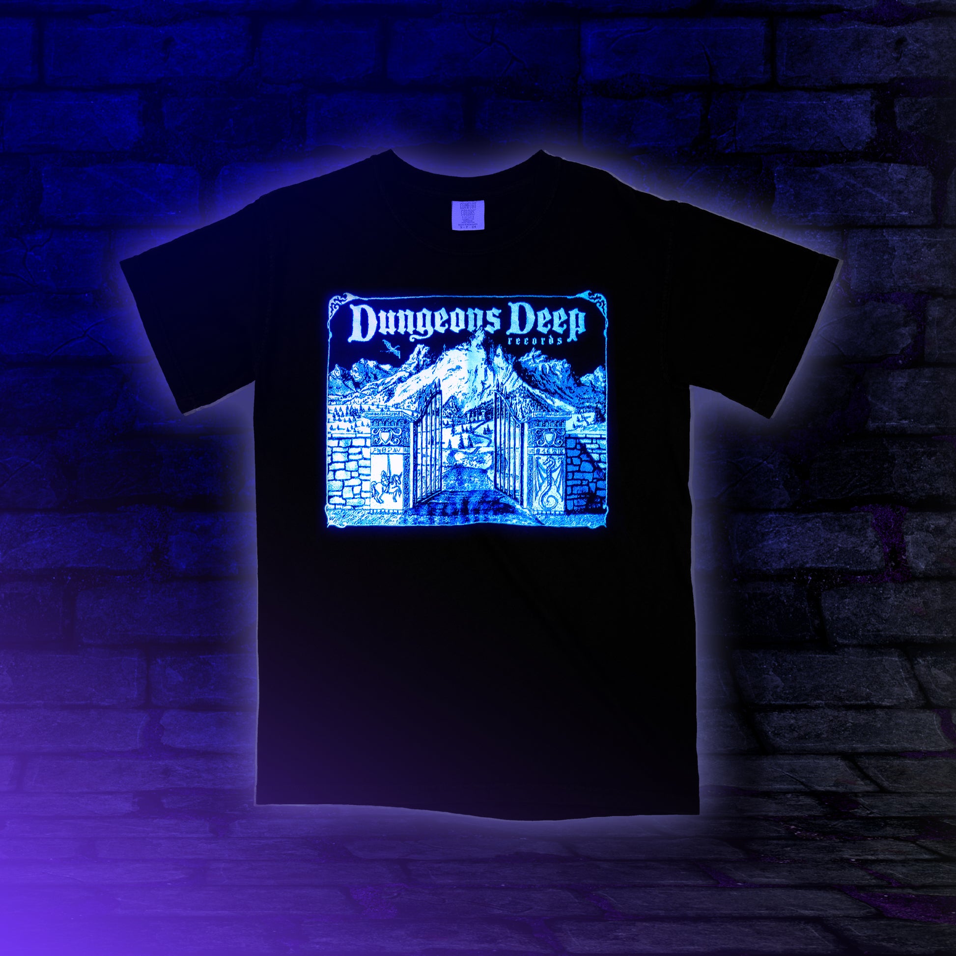 Black T-shirt with 'Dungeons Deep Records' glow in the dark text and a graphic of a a mystical landscape on the front.