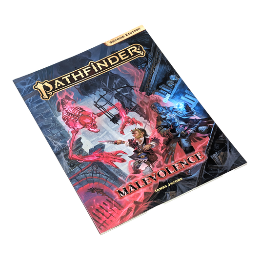 A paperback book titled Pathfinder Malevolence featuring a halfling battling a red skeleton on a white background