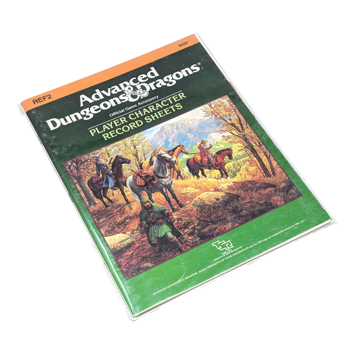 Advanced Dungeons Dragons Official Game Accessories Player Character Record Sheets REF2, shown in a clear protective sleeve on a white background.