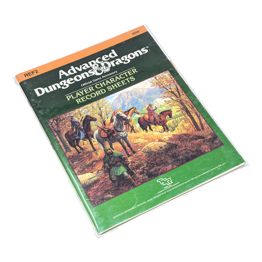 Advanced Dungeons Dragons Official Game Accessories Player Character Record Sheets REF2, shown in a clear protective sleeve on a white background.