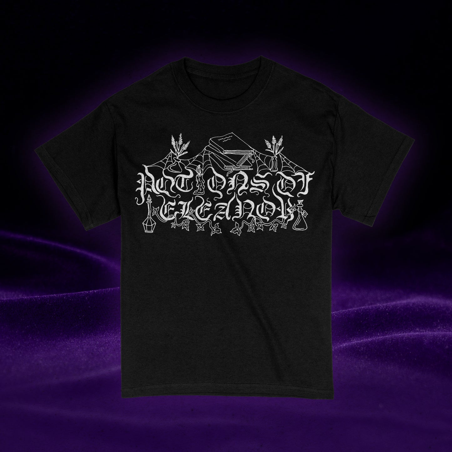 Black t-shirt with white Potions of Eleanor logo against a purple background. 