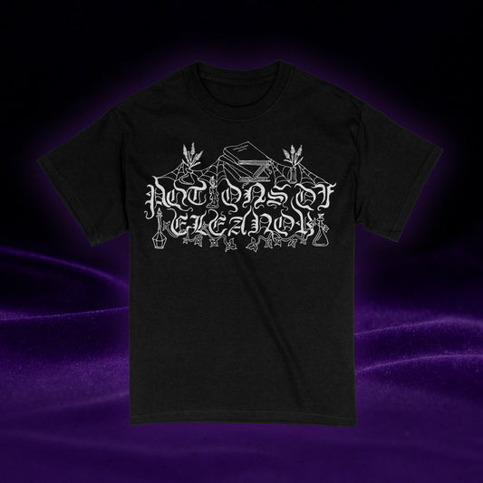 Black t-shirt with white Potions of Eleanor logo against a purple background. 